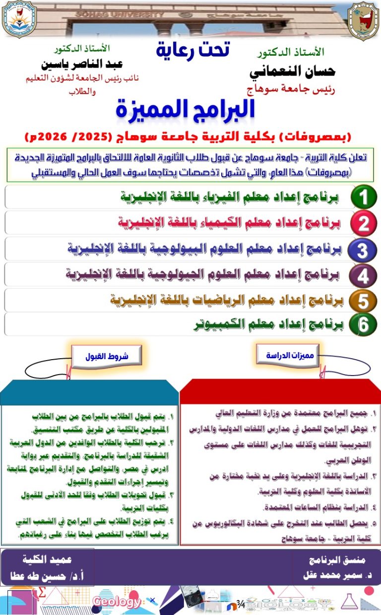 إعلان بشأن القبول بالبرامج المميزة (بالمصروفات) بكلية التربية – جامعة سوهاج للعام الجامعي 2025/2026