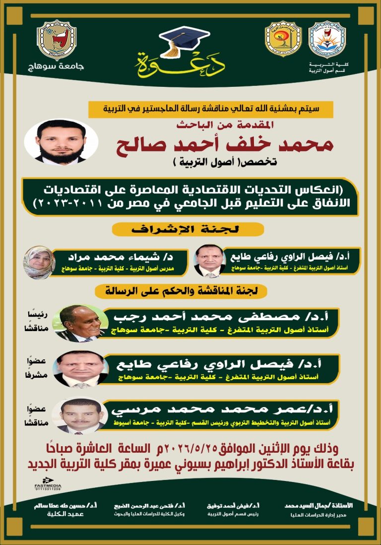 دعوه لمناقشة رساله الماجستير للباحث/ محمد خلف احمد صالح